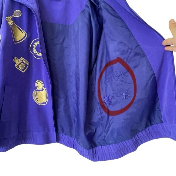 VTG 80s Women XL Windbreaker Jacket Full Zip Mock Neck Perfume Embroidery Purple - Picture 16 of 16